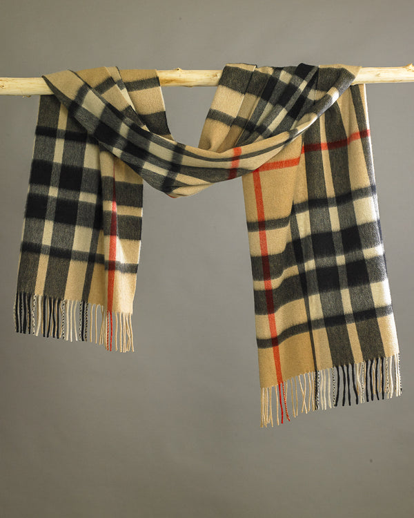 Camel Thomson Tartan Cashmere Scarf Made In Scotland