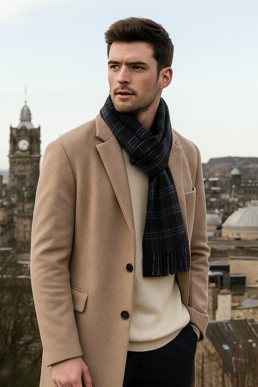 Joshua Ellis Grey X Blue Classic Check Brushed Cashmere Scarf