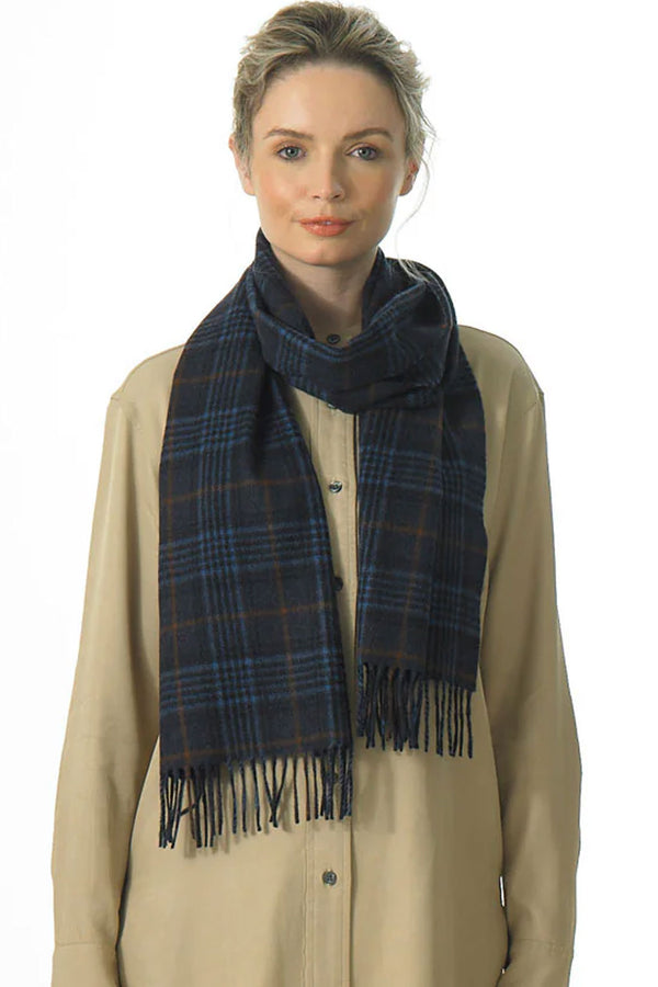 Joshua Ellis - House Check Cashmere Scarf Blue x Brown