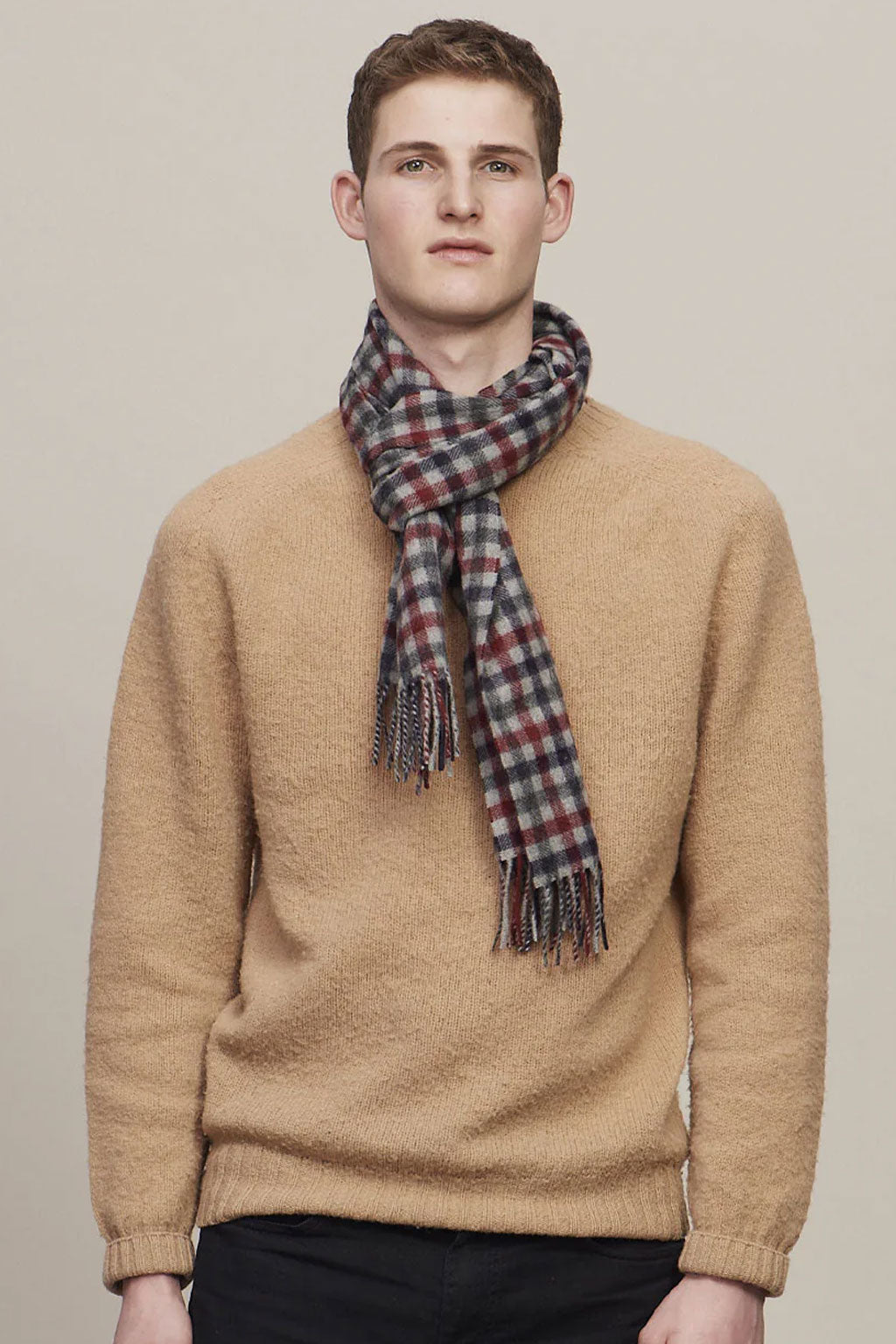 Joshua Ellis Grey X Blue Classic Check Brushed Cashmere Scarf
