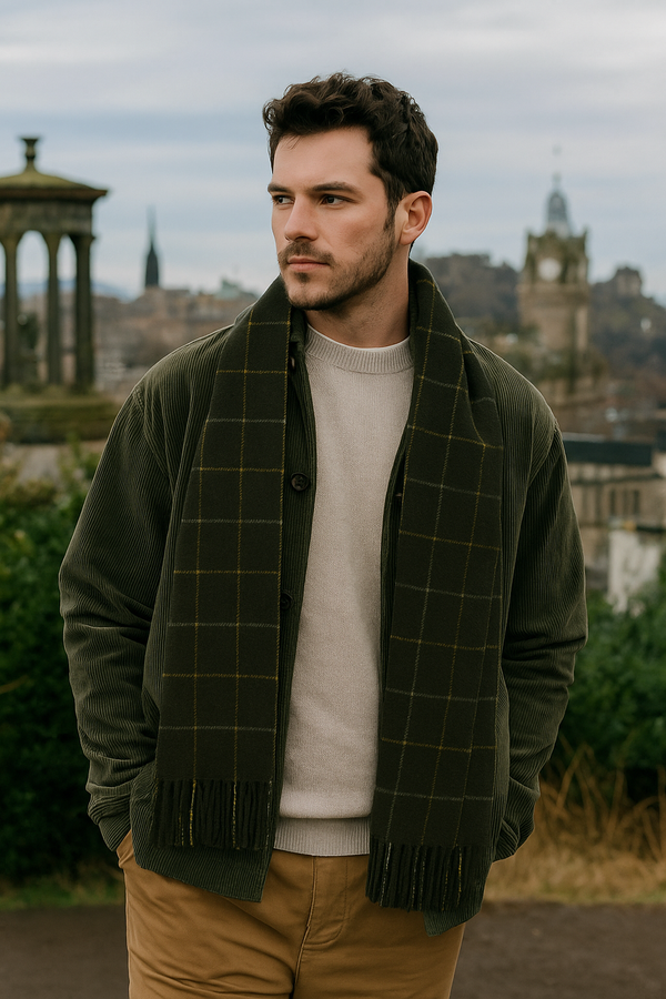 Joshua Ellis Loden Classic Tattersall Brushed Cashmere Scarf