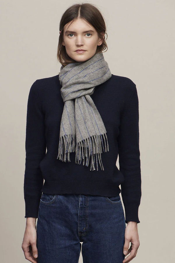 Joshua Ellis Pewter X Cobalt Classic Stripe Brushed Cashmere Scarf