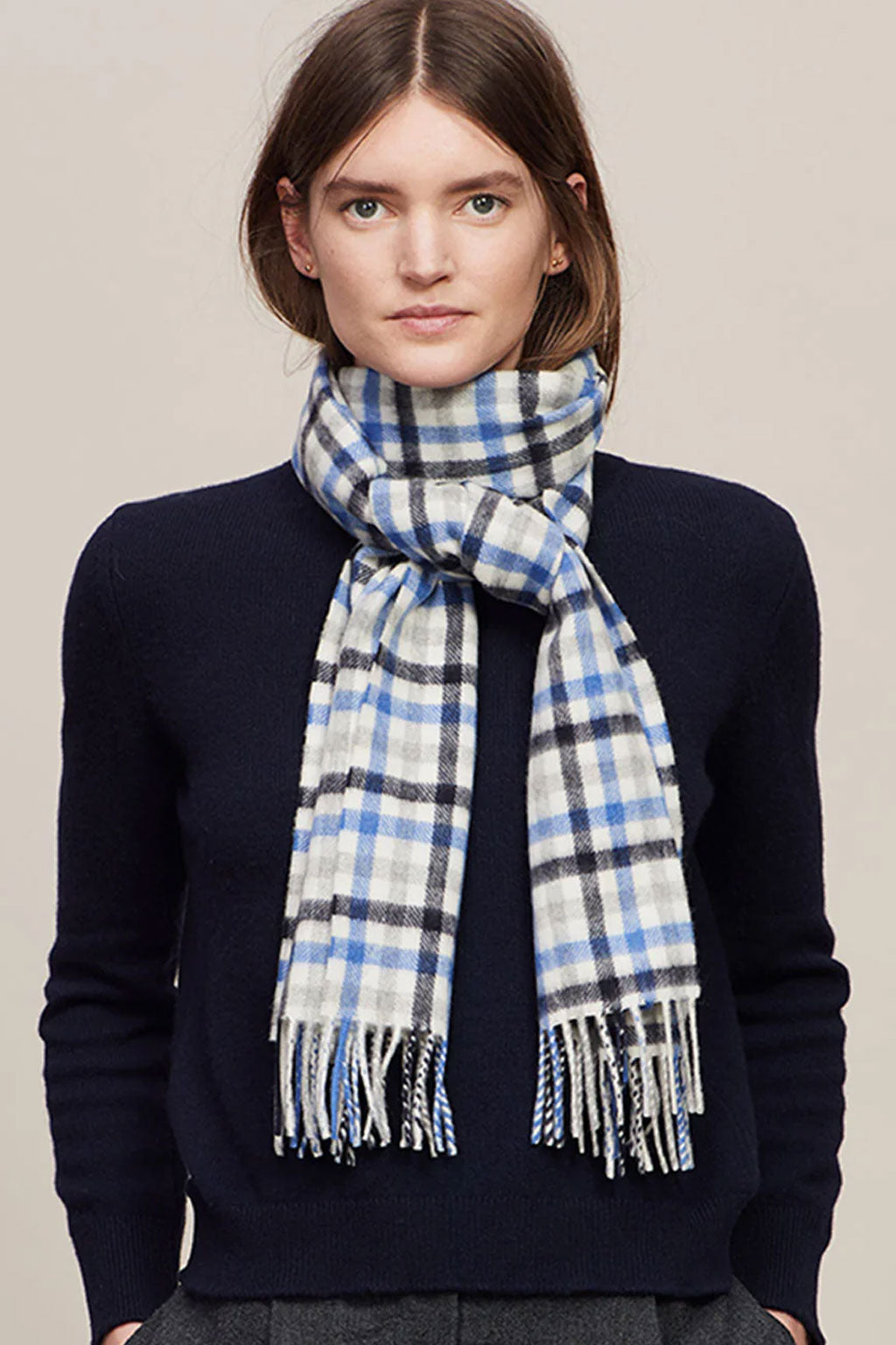 Joshua Ellis Grey X Red Classic Check Brushed Cashmere Scarf