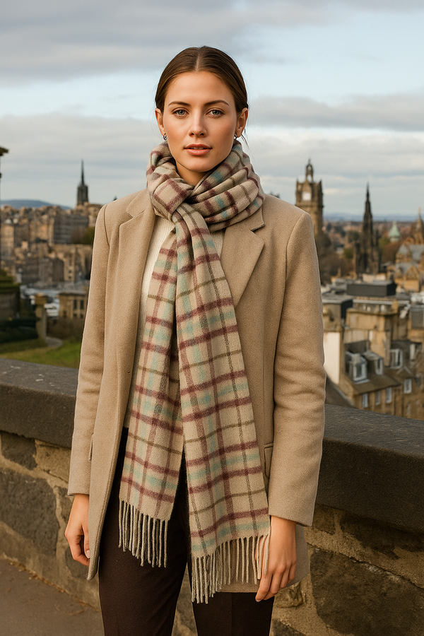 Joshua Ellis - Plaid Cashmere Scarf Beige x Red