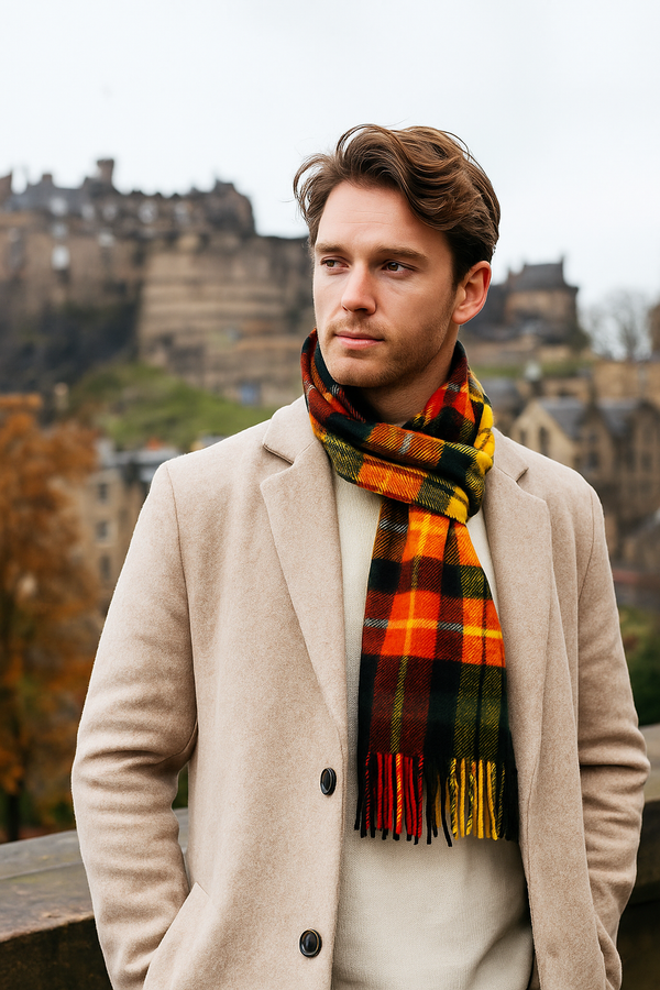 Joshua Ellis Classic Tartan Cashmere Scarf Green x Orange