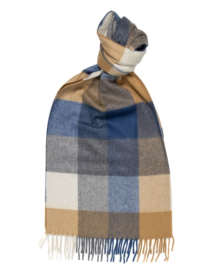 Joshua Ellis Beige & Blue Classic Check Brushed Cashmere Scarf