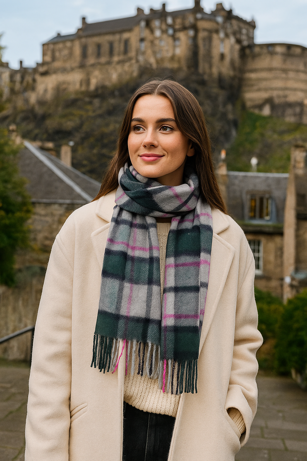 Model wearing cashmere scarf