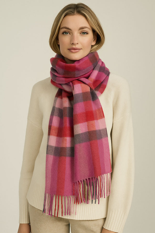 Joshua Ellis - Classic Cashmere Plaid Scarf Raspberry