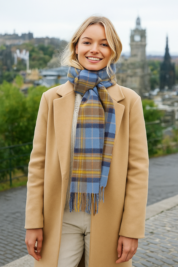 Joshua Ellis - Classic Tartan Cashmere Scarf Blue & Yellow